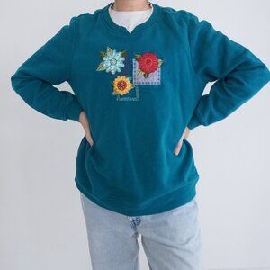 Vintage Breckenridge Teal Embroidered Floral Sunflower Crew Sweater Xl
